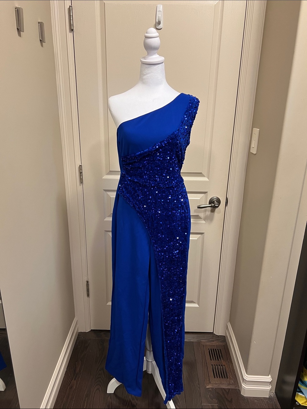 One-Shoulder Royal Blue Sequin Wrap Jumpsuit